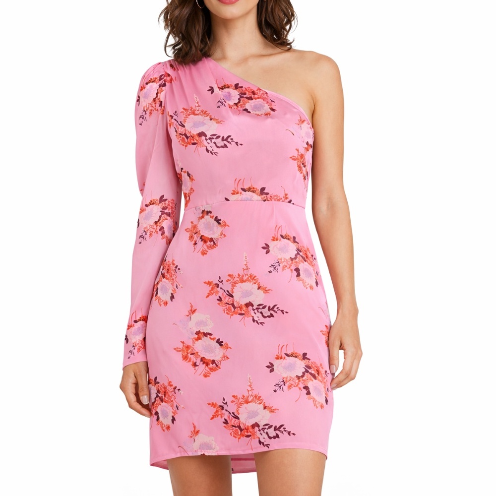 LES RÊVERIES. Pink One-Sleeve Floral-Print‎ Satin Mini Dress.10